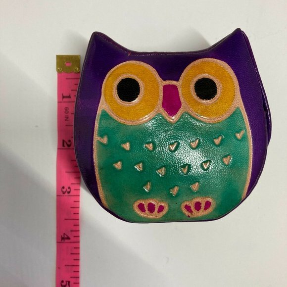 🦉 Painted Leather Owl Snap Coin Purse Purple - Picture 2 of 8